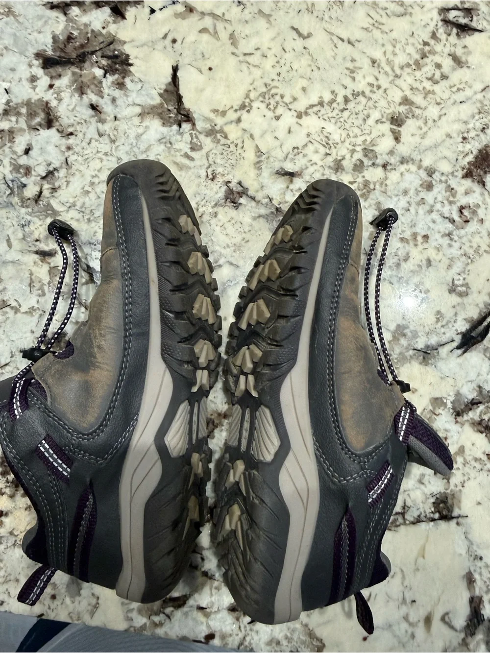 Keen Kids Targhee low waterproof grayish brown Hiking Boots with purple laces.